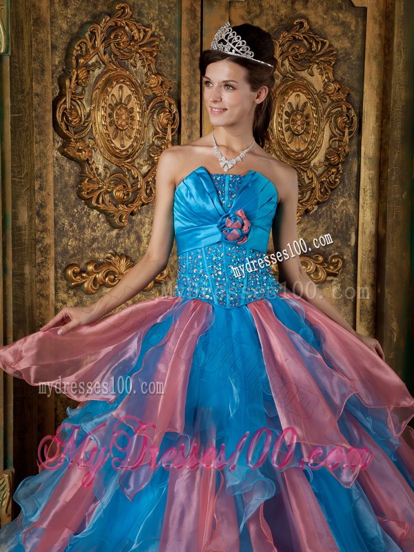 Beaded Blue Strapless Organza Quinceanera Dress with Vertical Ruffled Stripes