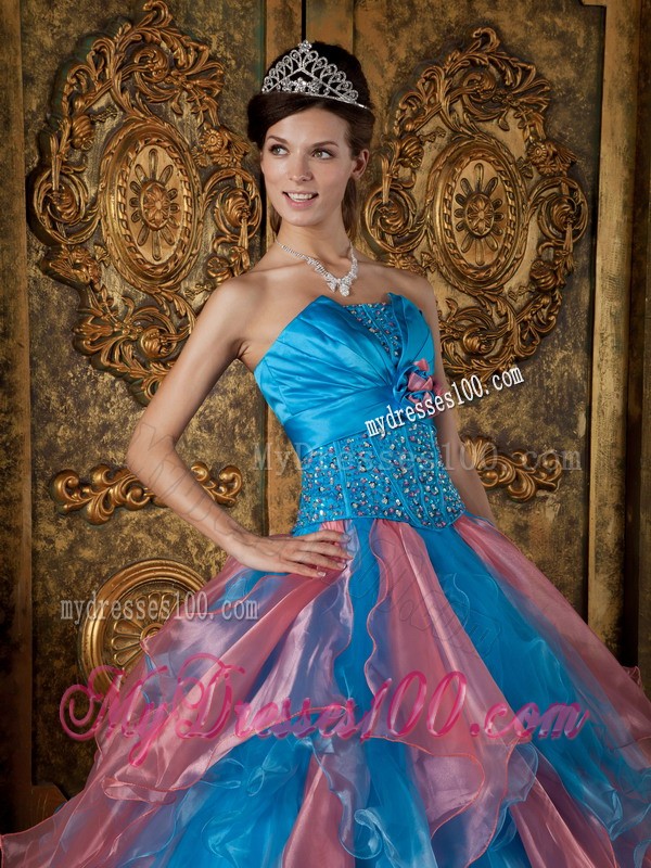 Beaded Blue Strapless Organza Quinceanera Dress with Vertical Ruffled Stripes