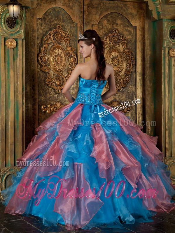 Beaded Blue Strapless Organza Quinceanera Dress with Vertical Ruffled Stripes