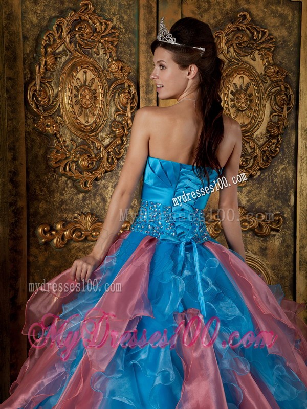 Beaded Blue Strapless Organza Quinceanera Dress with Vertical Ruffled Stripes