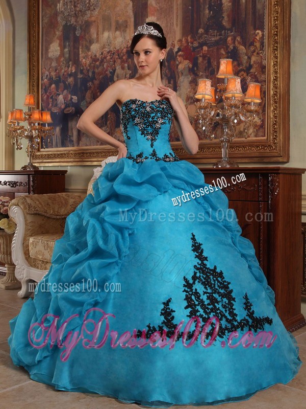 Teal Strapless Beaded Bust Quinceanera Dress with Pick-ups