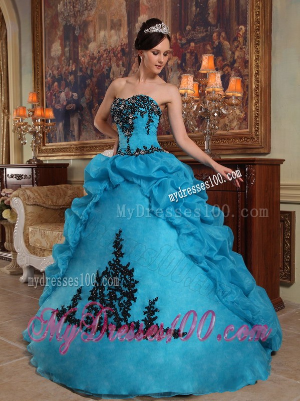 Teal Strapless Beaded Bust Quinceanera Dress with Pick-ups