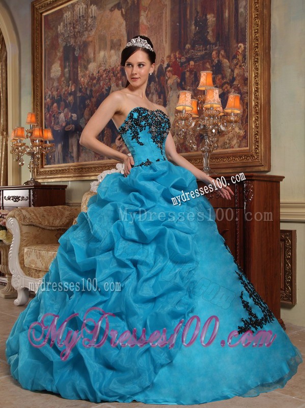 Teal Strapless Beaded Bust Quinceanera Dress with Pick-ups