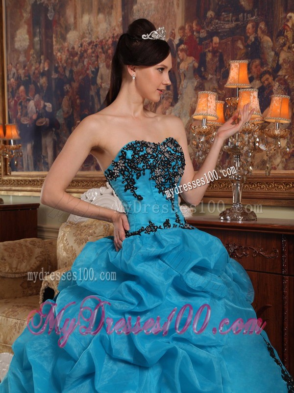 Teal Strapless Beaded Bust Quinceanera Dress with Pick-ups