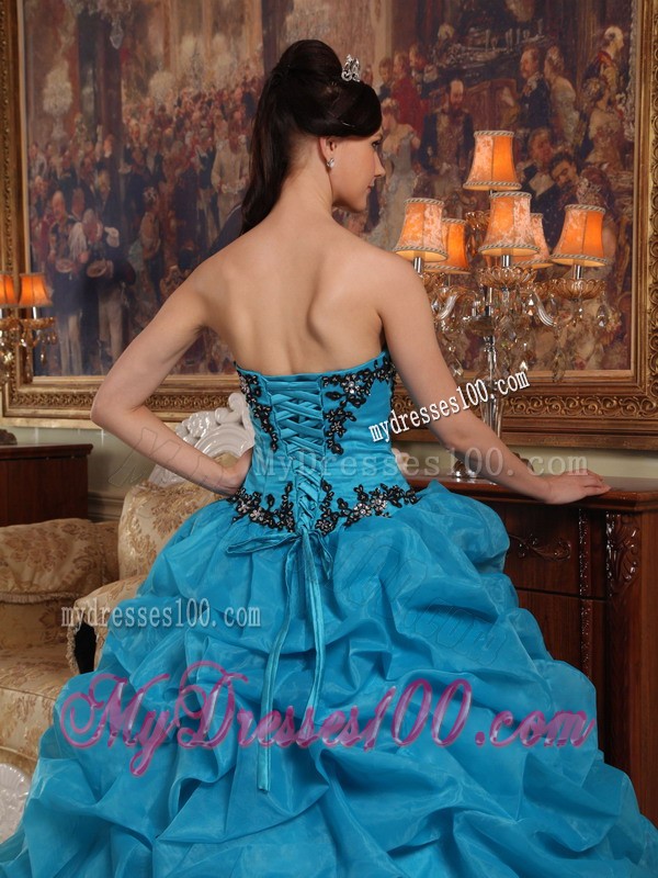 Teal Strapless Beaded Bust Quinceanera Dress with Pick-ups