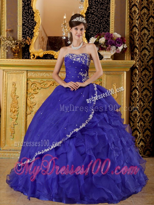 Ruffles and Ruches Blue Organza Appliques Sweet 16 Dresses with Strapless