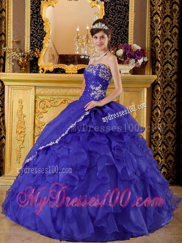 Ruffles and Ruches Blue Organza Appliques Sweet 16 Dresses with Strapless