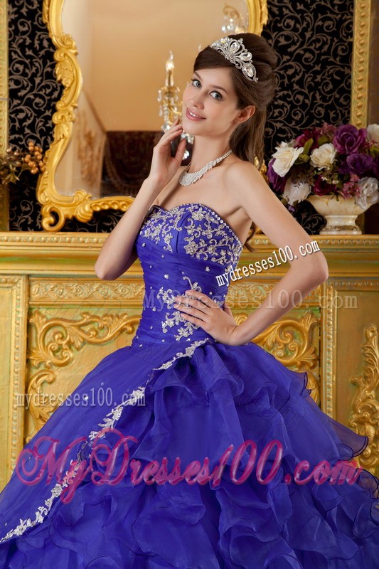 Ruffles and Ruches Blue Organza Appliques Sweet 16 Dresses with Strapless