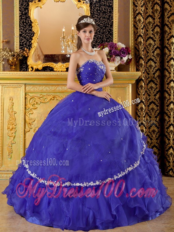 Ruffles and Ruches Blue Organza Appliques Sweet 16 Dresses with Strapless