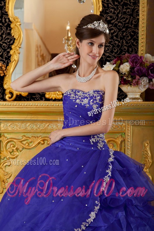 Ruffles and Ruches Blue Organza Appliques Sweet 16 Dresses with Strapless