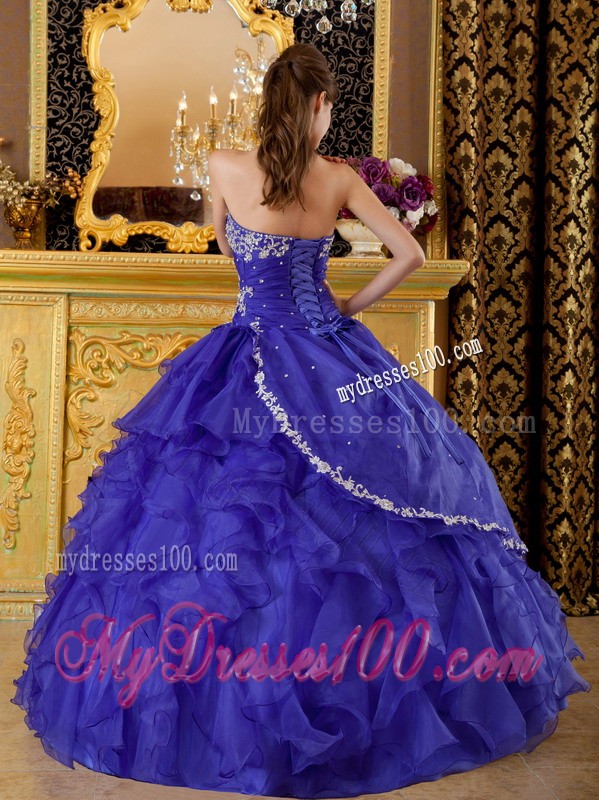 Ruffles and Ruches Blue Organza Appliques Sweet 16 Dresses with Strapless