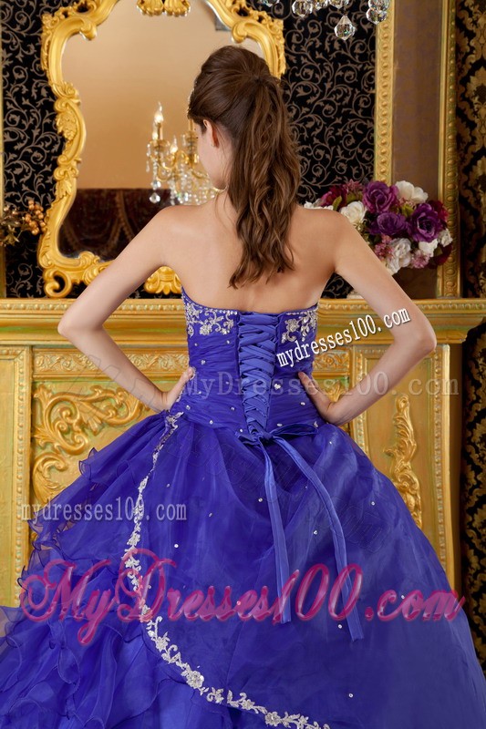 Ruffles and Ruches Blue Organza Appliques Sweet 16 Dresses with Strapless