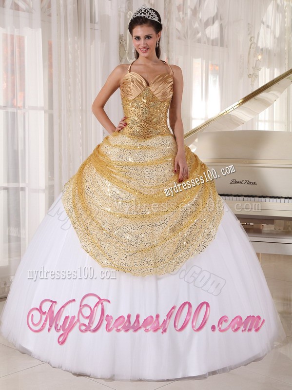 Golden and White Spaghetti Straps Sequined Floor-length Sweet 16 Dress