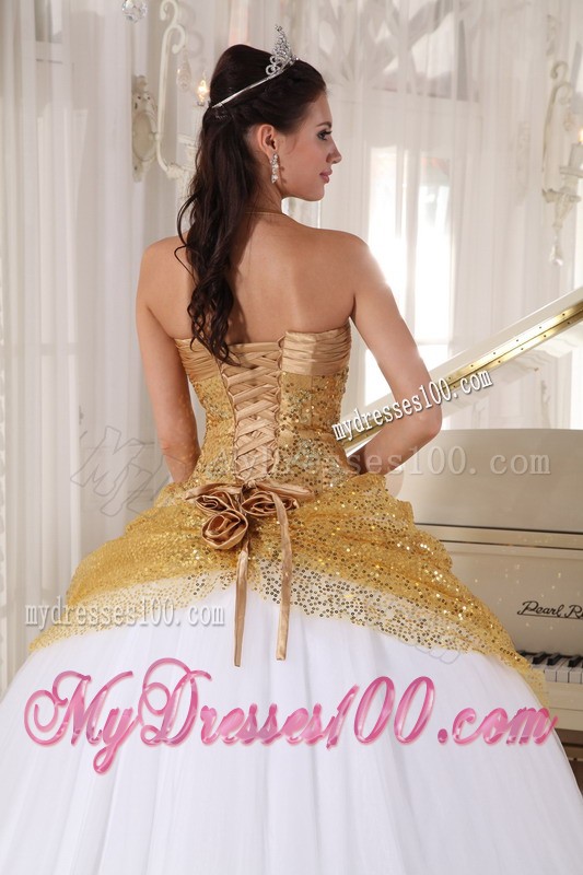 Golden and White Spaghetti Straps Sequined Floor-length Sweet 16 Dress