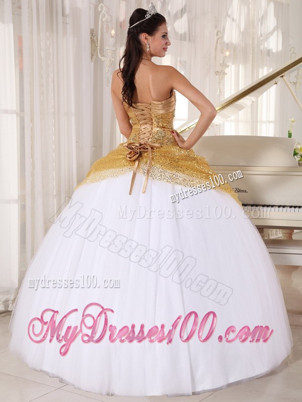 Golden and White Spaghetti Straps Sequined Floor-length Sweet 16 Dress