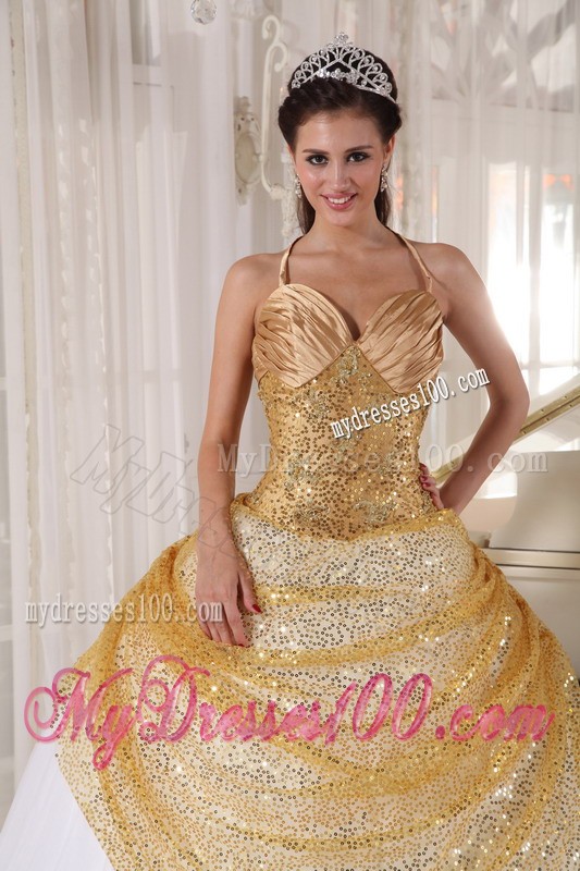 Golden and White Spaghetti Straps Sequined Floor-length Sweet 16 Dress