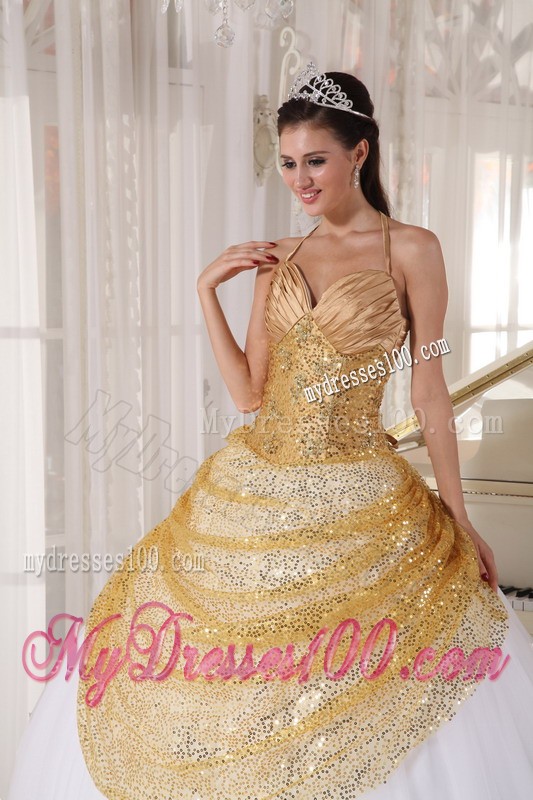 Golden and White Spaghetti Straps Sequined Floor-length Sweet 16 Dress