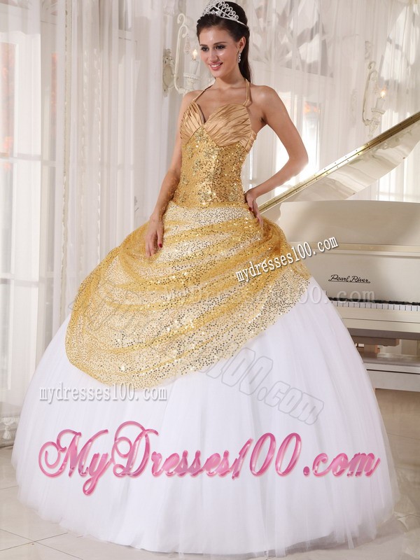 Golden and White Spaghetti Straps Sequined Floor-length Sweet 16 Dress