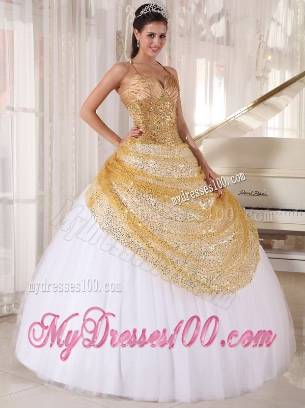 Golden and White Spaghetti Straps Sequined Floor-length Sweet 16 Dress