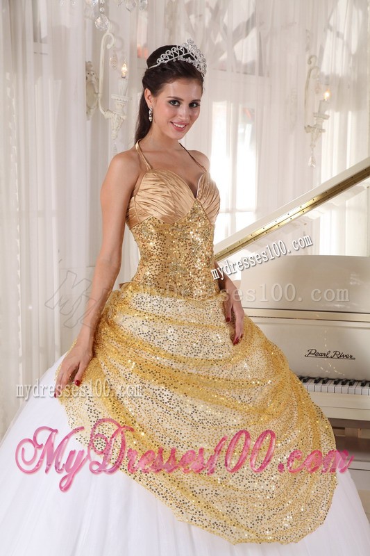 Golden and White Spaghetti Straps Sequined Floor-length Sweet 16 Dress