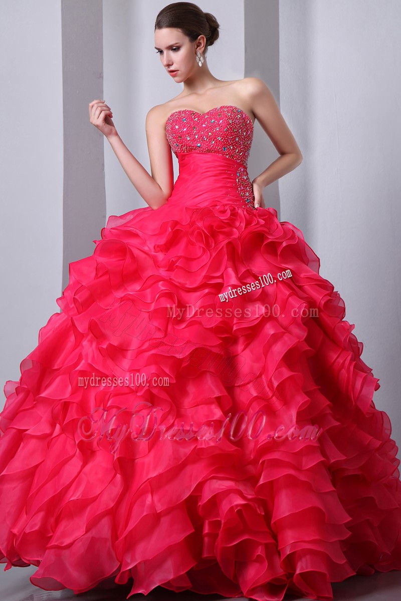 Beaded Sweetheart Coral Red Ruffled Ball Gown Quince Dress