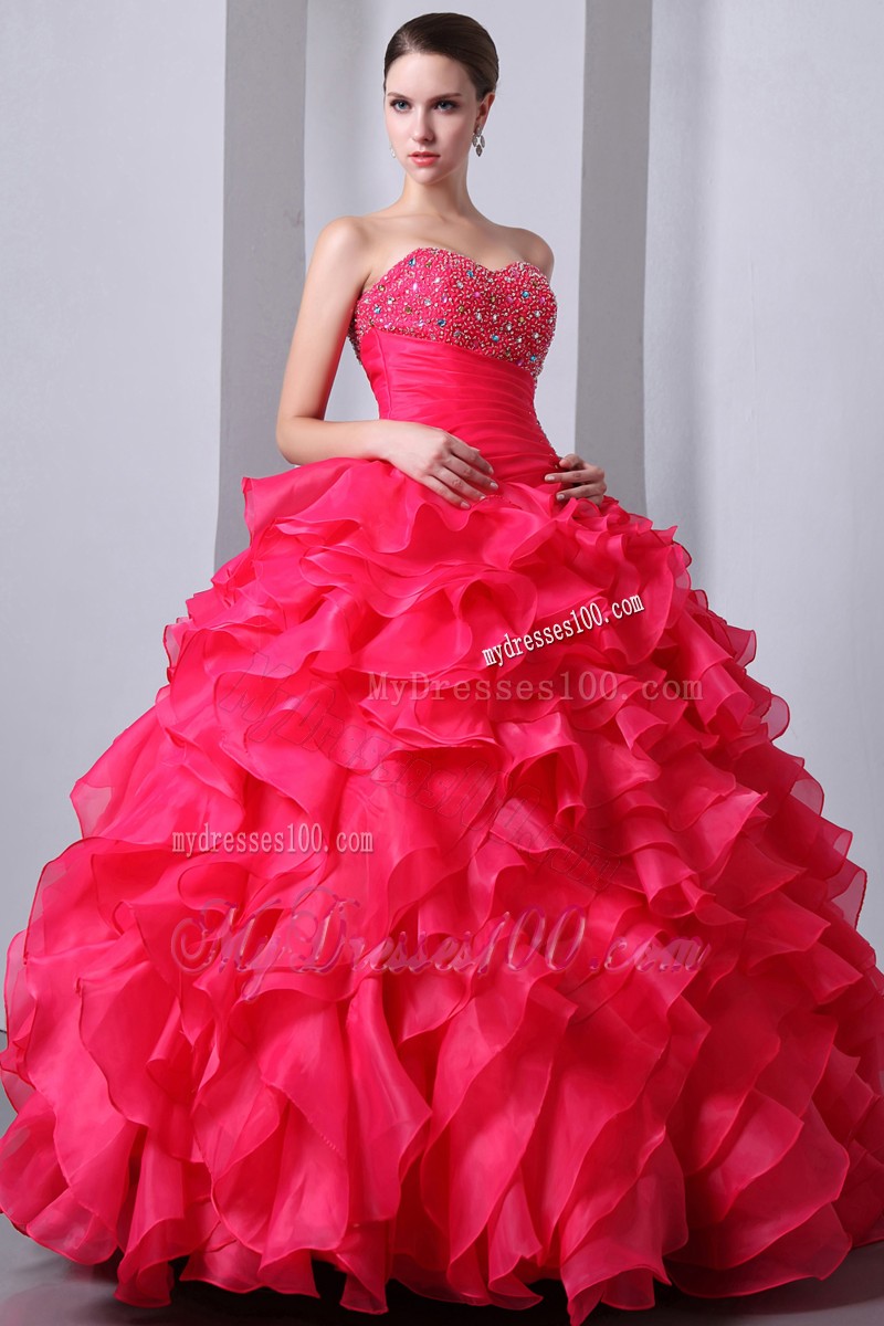 Beaded Sweetheart Coral Red Ruffled Ball Gown Quince Dress