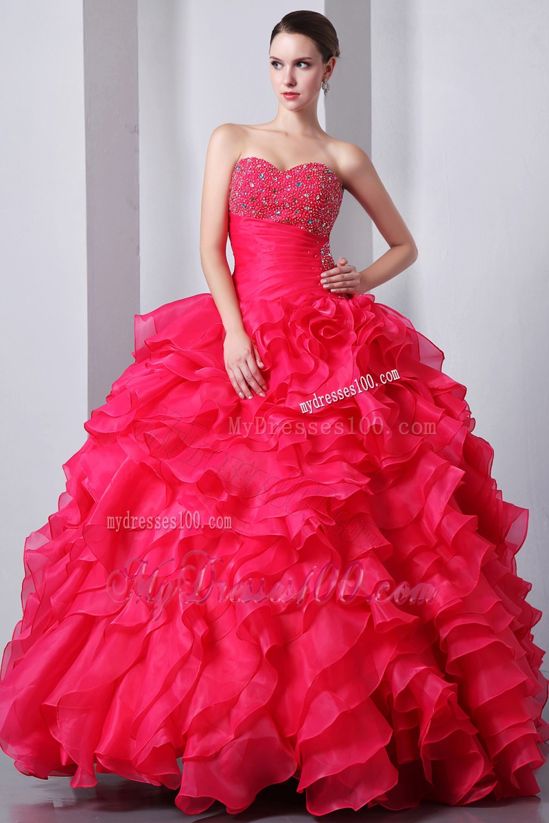 Beaded Sweetheart Coral Red Ruffled Ball Gown Quince Dress