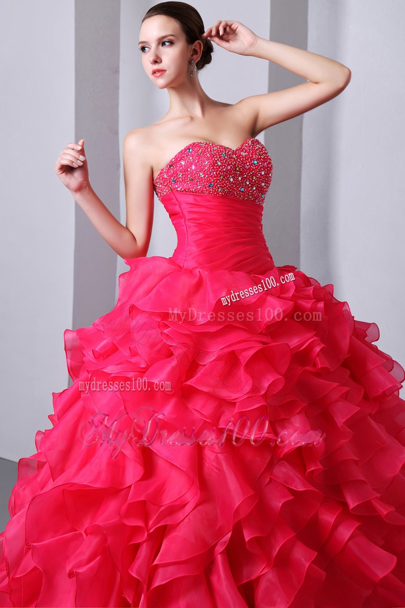 Beaded Sweetheart Coral Red Ruffled Ball Gown Quince Dress