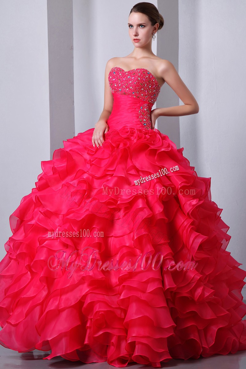 Beaded Sweetheart Coral Red Ruffled Ball Gown Quince Dress