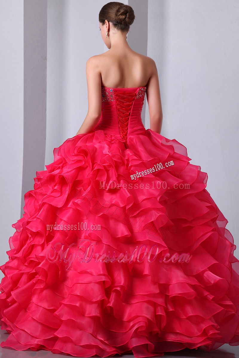 Beaded Sweetheart Coral Red Ruffled Ball Gown Quince Dress