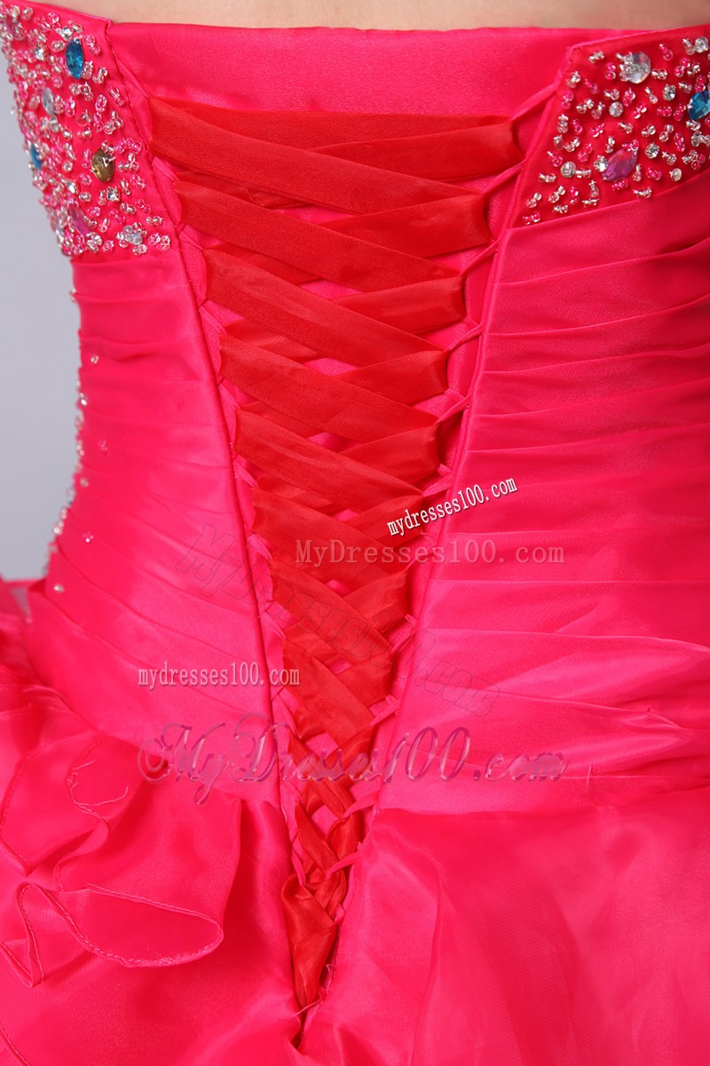 Beaded Sweetheart Coral Red Ruffled Ball Gown Quince Dress