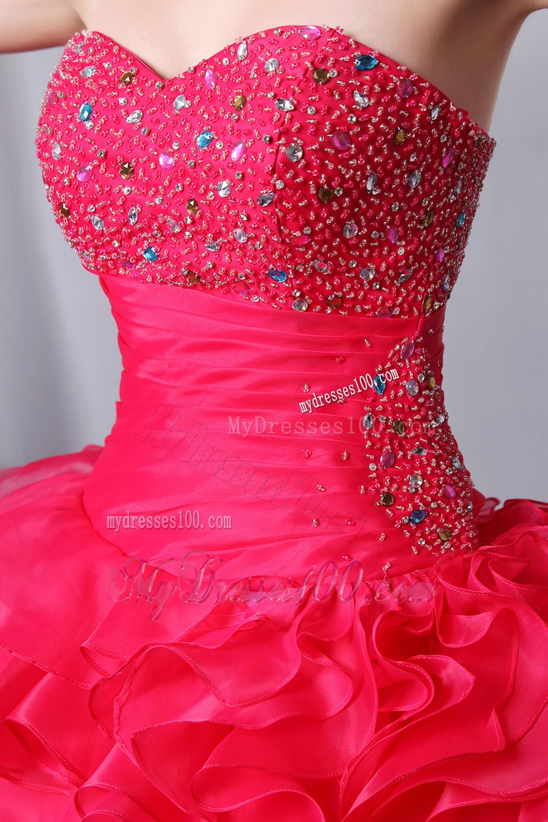 Beaded Sweetheart Coral Red Ruffled Ball Gown Quince Dress