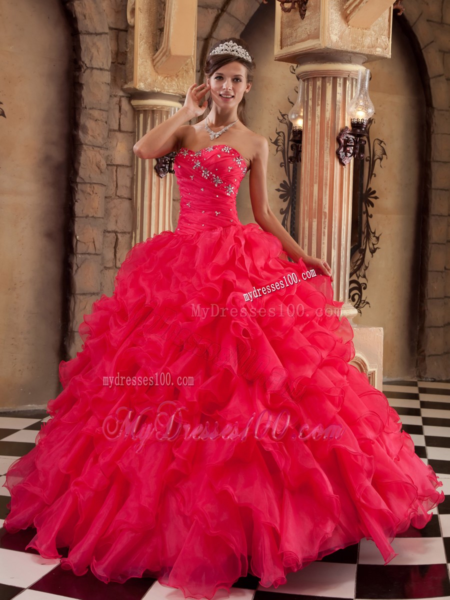 Ruffled Sweetheart Coral Red Organza Sixteen Quinceanera Dresses