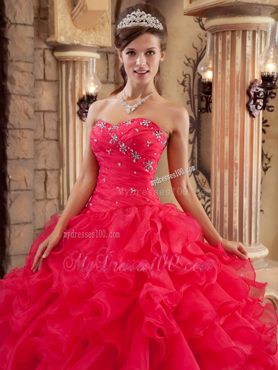 Ruffled Sweetheart Coral Red Organza Sixteen Quinceanera Dresses