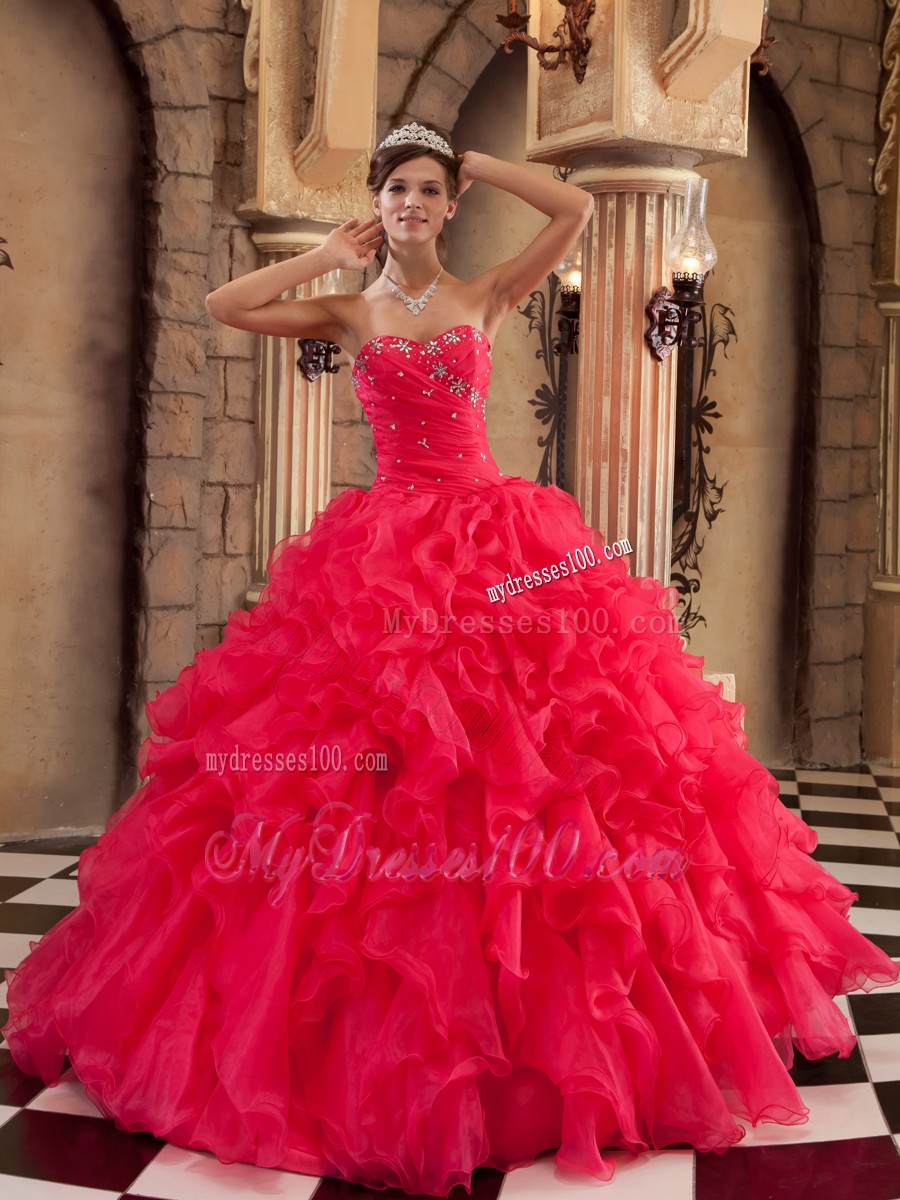 Ruffled Sweetheart Coral Red Organza Sixteen Quinceanera Dresses