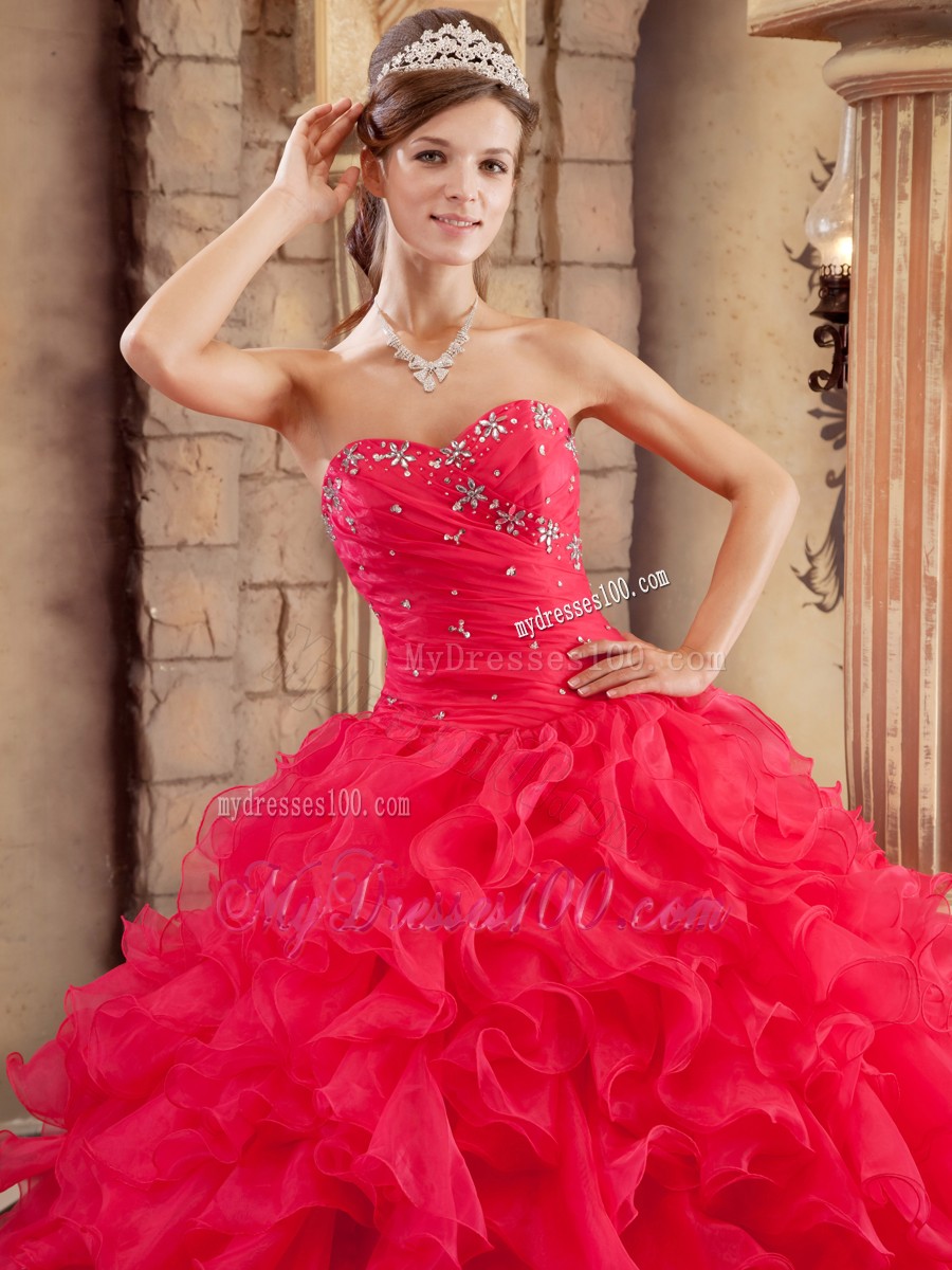 Ruffled Sweetheart Coral Red Organza Sixteen Quinceanera Dresses
