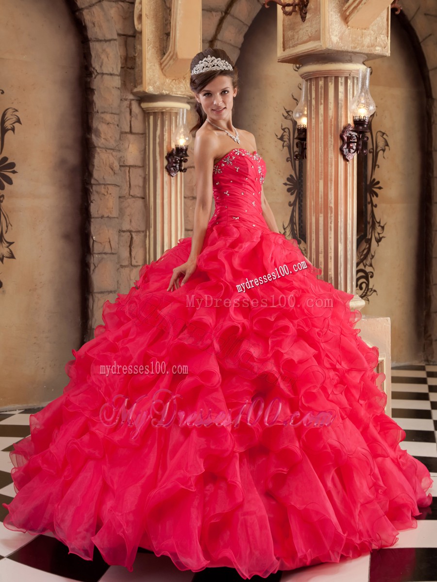 Ruffled Sweetheart Coral Red Organza Sixteen Quinceanera Dresses