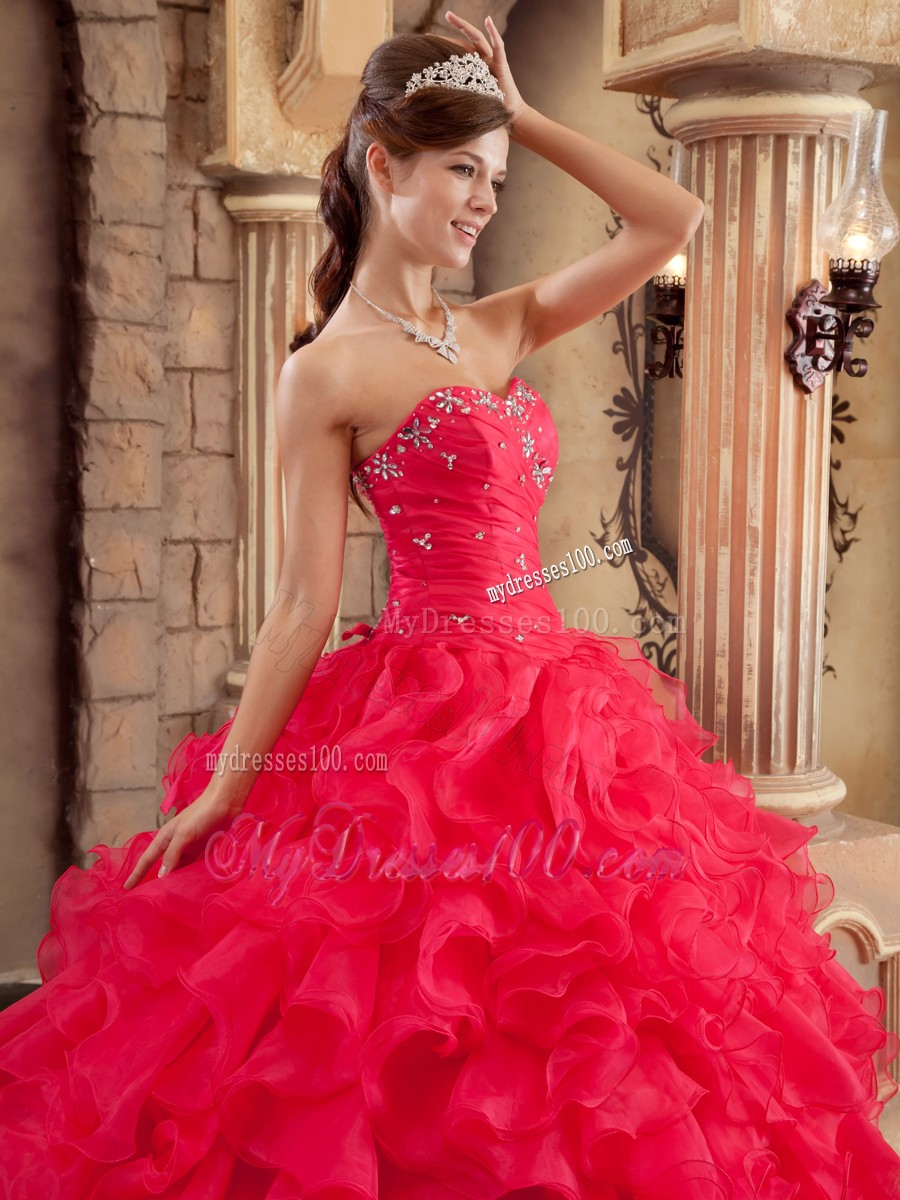 Ruffled Sweetheart Coral Red Organza Sixteen Quinceanera Dresses