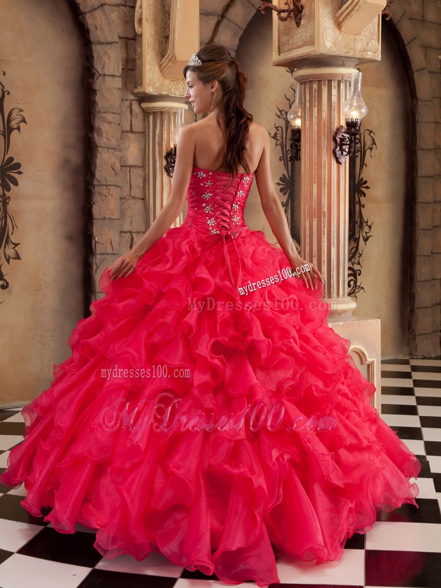 Ruffled Sweetheart Coral Red Organza Sixteen Quinceanera Dresses
