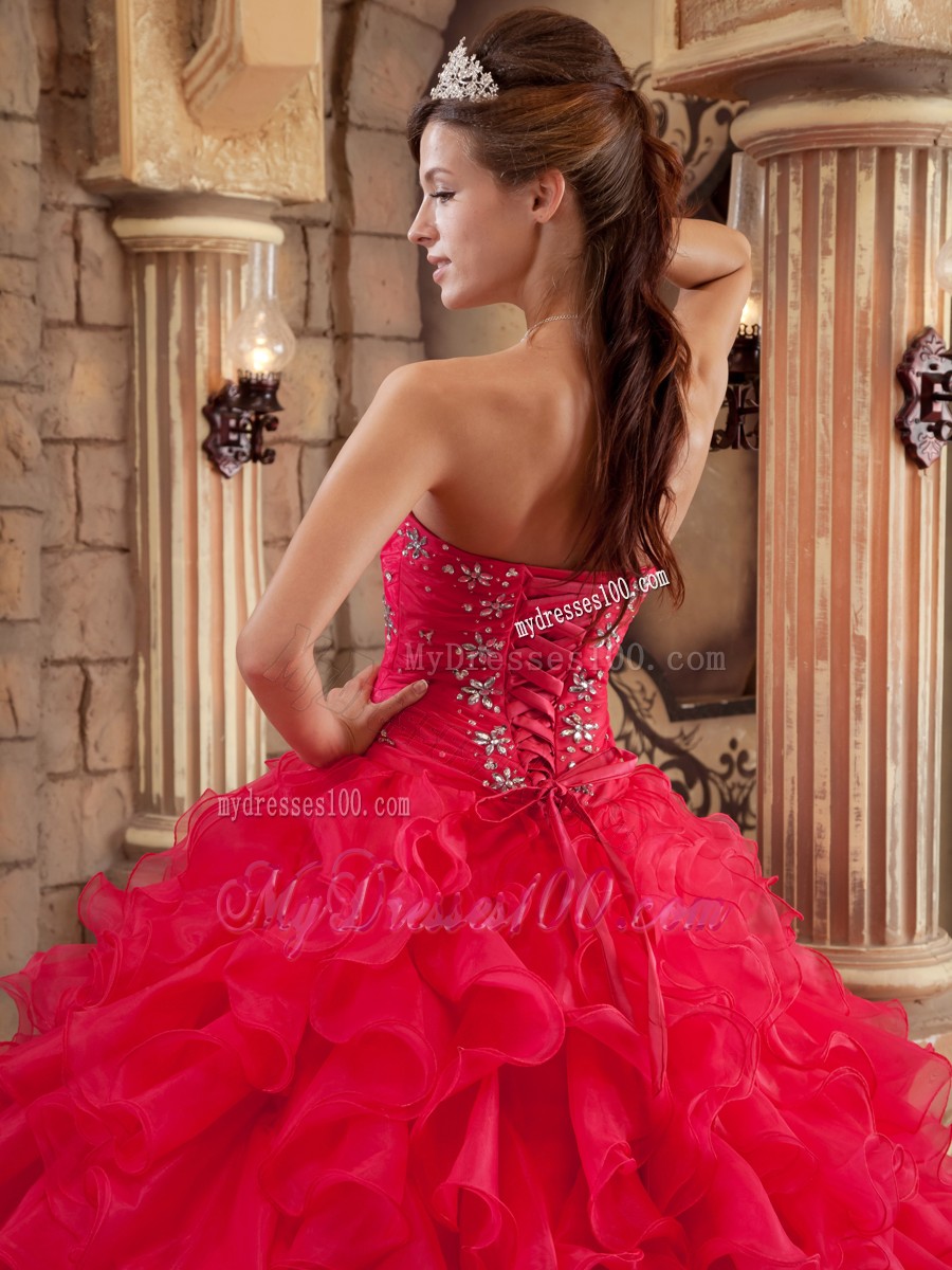 Ruffled Sweetheart Coral Red Organza Sixteen Quinceanera Dresses