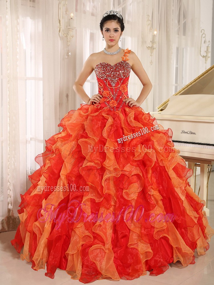 Orange One Shoulder Beaded and Ruffled Mend Quinceanera Dress