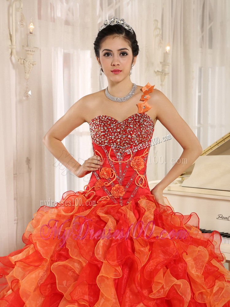 Orange One Shoulder Beaded and Ruffled Mend Quinceanera Dress