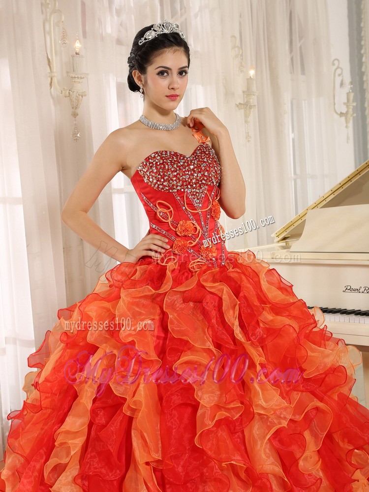 Orange One Shoulder Beaded and Ruffled Mend Quinceanera Dress