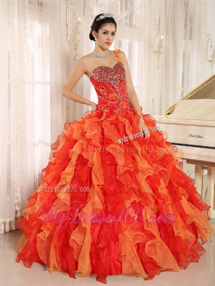 Orange One Shoulder Beaded and Ruffled Mend Quinceanera Dress