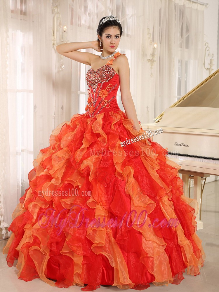 Orange One Shoulder Beaded and Ruffled Mend Quinceanera Dress