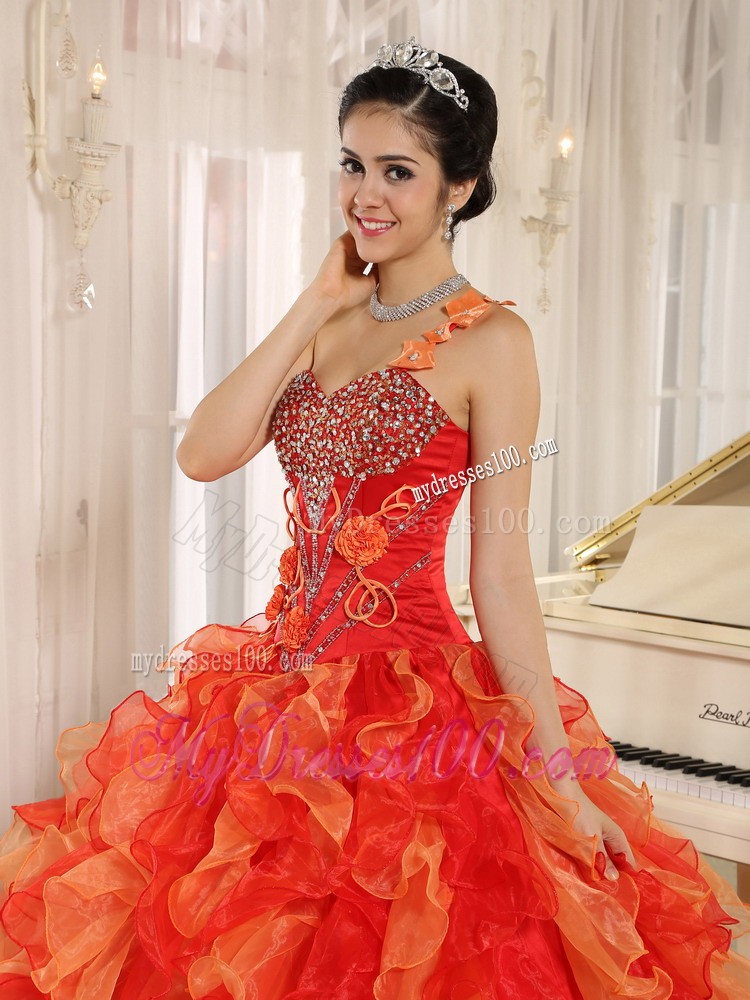 Orange One Shoulder Beaded and Ruffled Mend Quinceanera Dress
