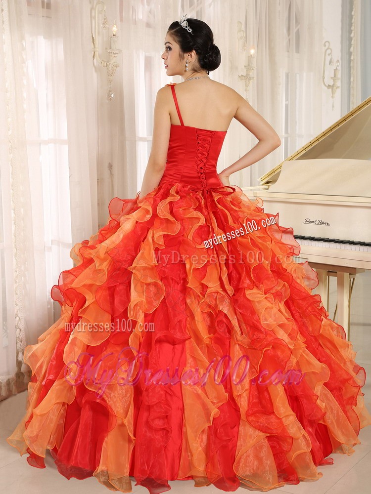 Orange One Shoulder Beaded and Ruffled Mend Quinceanera Dress