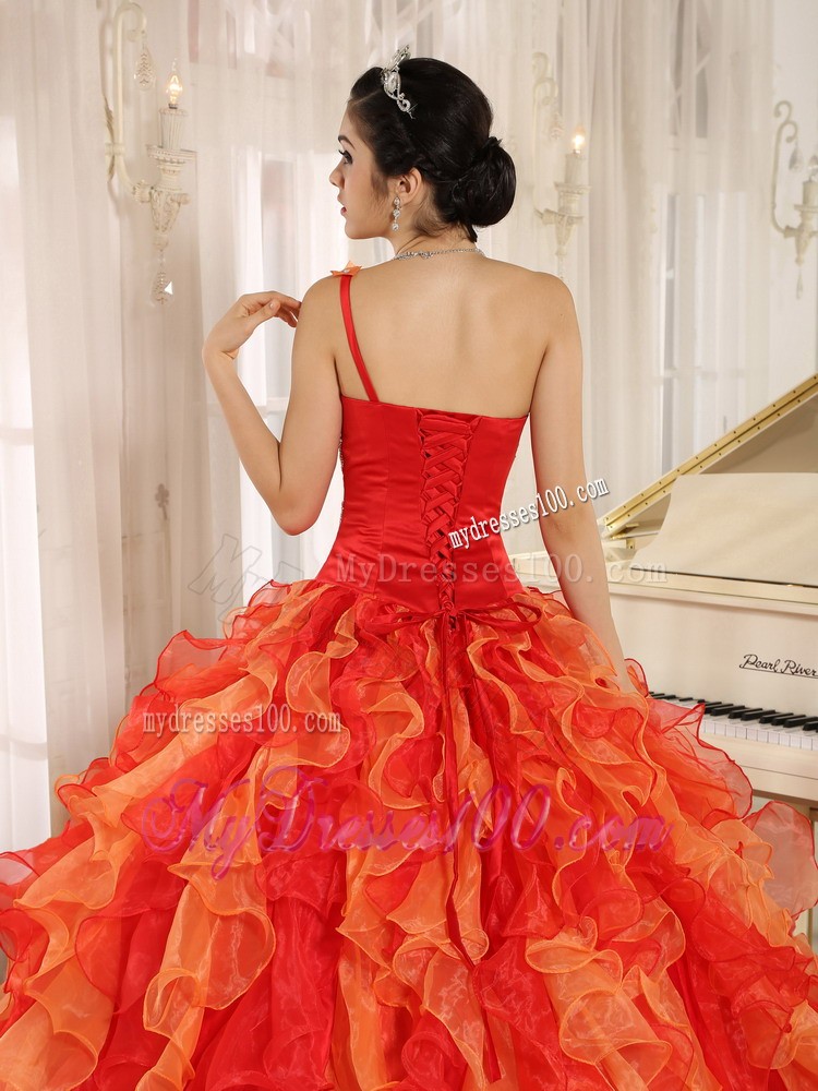 Orange One Shoulder Beaded and Ruffled Mend Quinceanera Dress