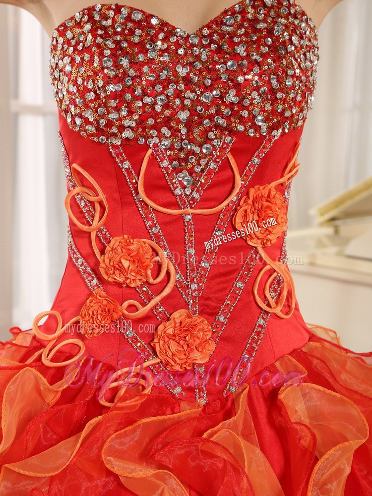Orange One Shoulder Beaded and Ruffled Mend Quinceanera Dress