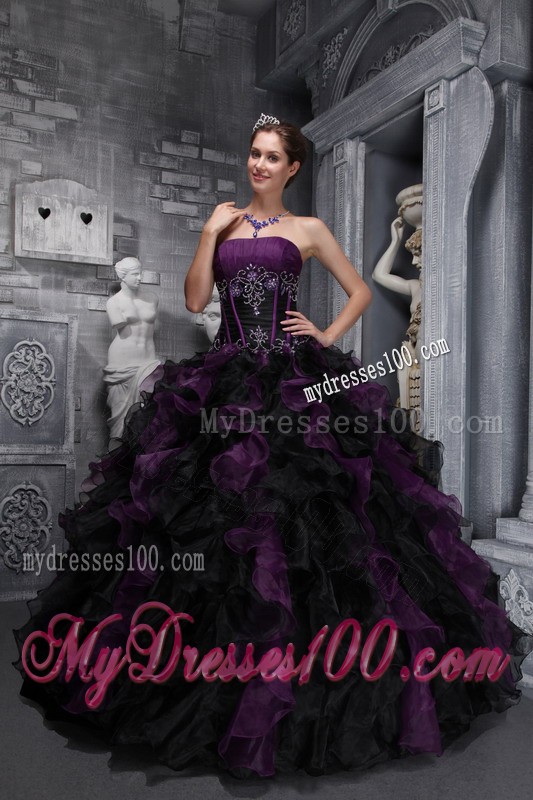 Exclusive Black and Purple Ruffled Ball Gown Quinceanera Dress